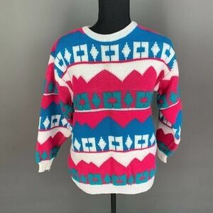 Vintage Organically Grown Kids 3D Chunky Knit Sweater Pink Blue Green Large